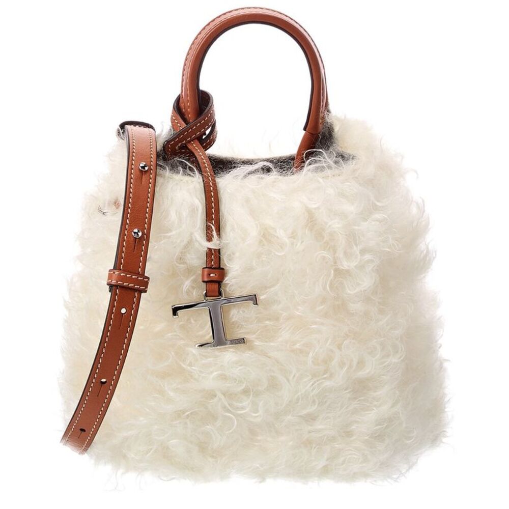 Tods Shearling & Leather Bucket Bag, White